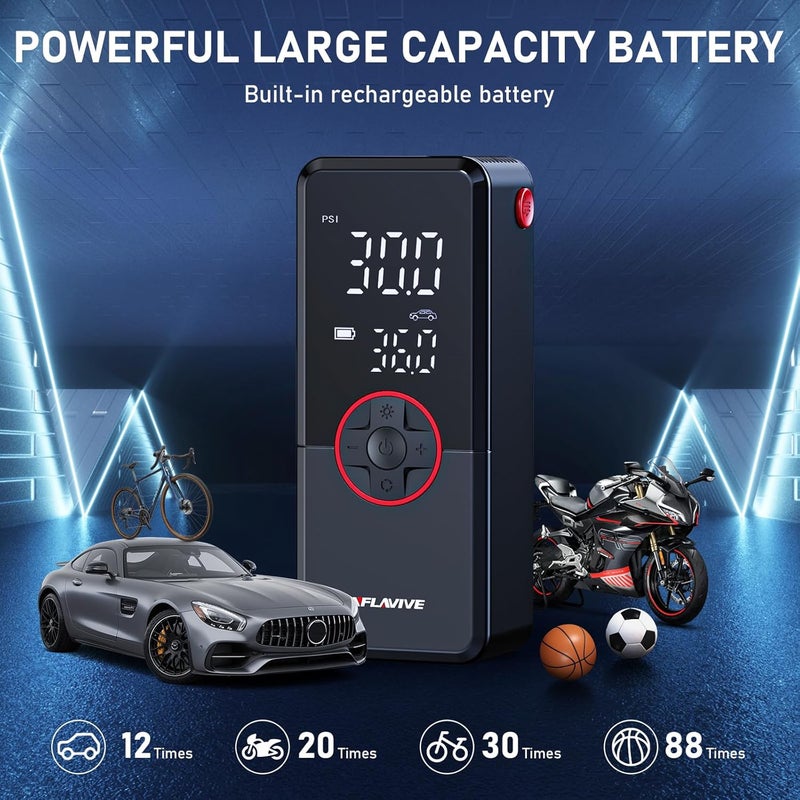 InflaVive Tire Inflator Portable Air Compressor,150PSI Faster Inflation Cordless Tire Air Pump with Digital Gauge,Auto Shut-Off,LED Light,Electric Air Pump for Car Tires,SUV, Motorcycle, Bike, Balls - Image 4